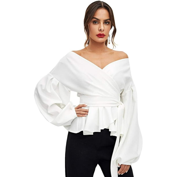 Women Off Shoulder Tunic Shirt Lace Up Shoulder Long Sleeve Ruffles Sleeve Blouse Casual Pullover Tops for Daily 